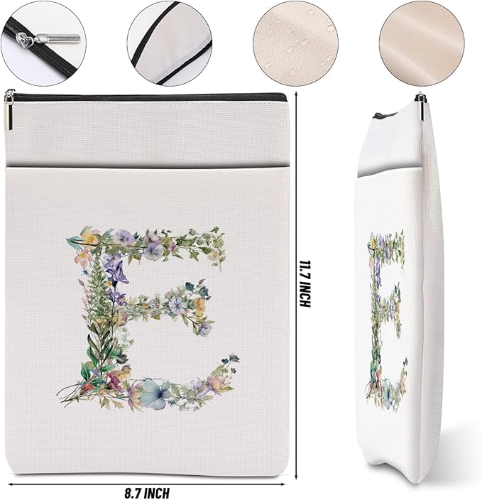 Monogrammed Book Sleeve Floral E Initial Book Pouch Book Accessories Book Lovers Gifts Waterproof Book Cover Book Protector Bookish Gifts Personalized Gifts for Women Girls Readers Bride Grandma
