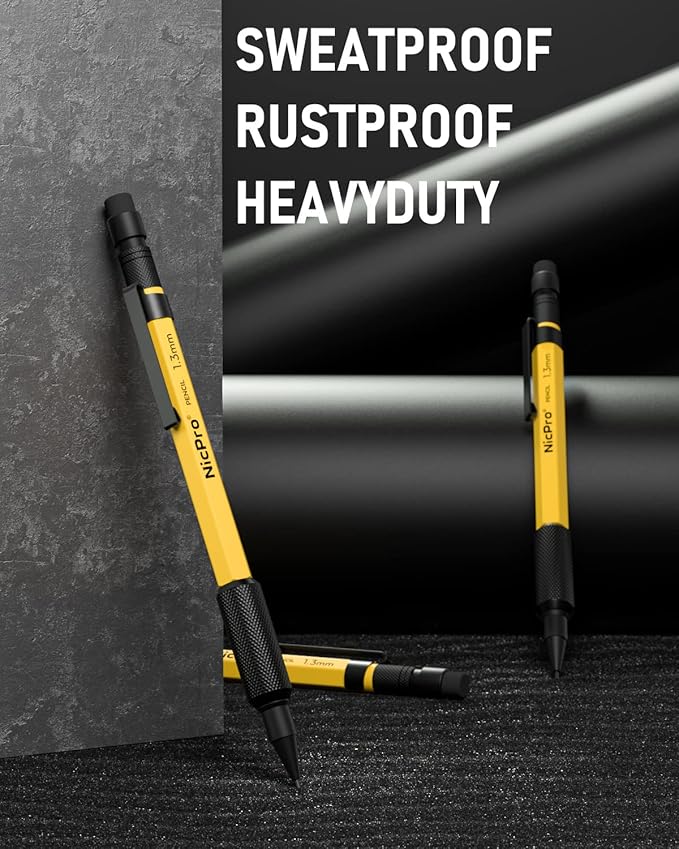 Nicpro 17PCS 1.3 mm Mechanical Pencil Set in Leather Bag with 90 Lead Refill,3 Eraser,12 Eraser Refills- Weatherproof Metal Barrel,Heavy Duty Carpenter Pencil for Outdoor Marking Drawing Woodworking