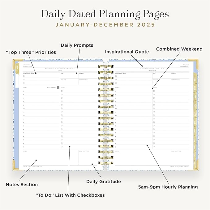 Day Designer 2025 Daily Planner – Premium Planner for Stylish Organization. Combines Monthly Calendar, Hourly Schedule, To-Do List, Gratitude, Goal Setting, Inspirational Quotes & More. Elegant laminated Cover with Gold Accents (Casa Bella)