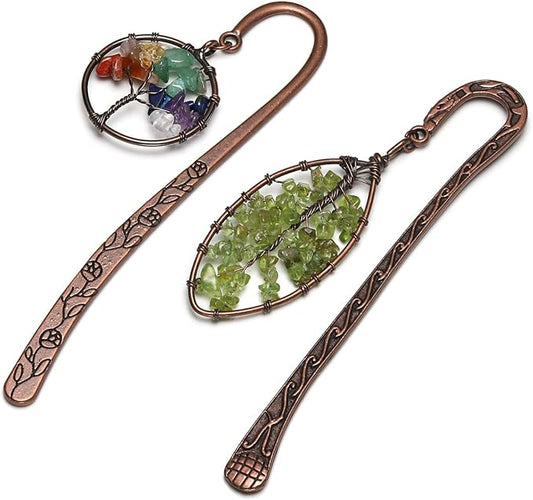 Jovivi 2pcs Antique Copper Metal Bookmark Beading Bookmarks with Handmade 7 Chakra Healing Crystals Tree of Life Tumbled Gemstones & Leaf Bead