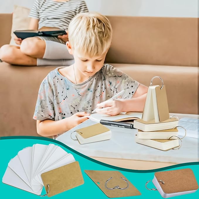 MotBach 300 Sheets White Blank Flash Cards with Binder Rings,3.5 x 2.2 Inch Index Cards, Small Note Cards Study Cards Learning Cards Kraft Paper Cards, Easy Flip Mini Index Note Flashcards (6 Pack)