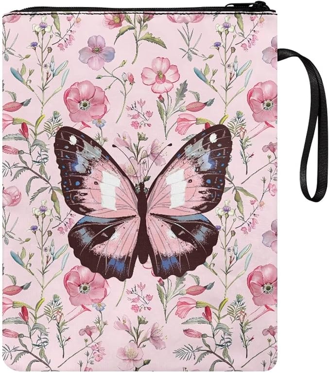 COEQINE Pink Butterfly Book Sleeve with Zipper Portable 9x11 Inch Portable Book Covers Hardcover Paperback Book Lovers with Front Pocket