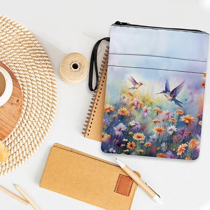 COEQINE Flower Birds Book Cover Zipper Pouch Portable Book Washable Fabric for Teen Adult Book Lover Teacher Student 9 x 11 Inch