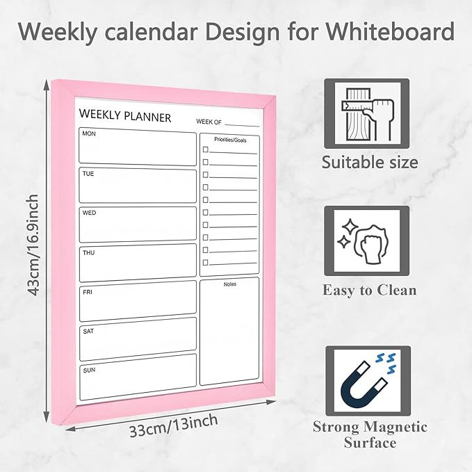Dry Erase White Board Weekly Calendar Board, Magnetic Whiteboard for Wall,13“x17 Solid Wood Pink Framed Message Board, Planner Board for Office, Home, School(Weekly-BB-PK-3343)