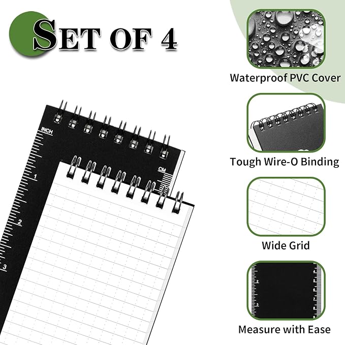 Waterproof Notebook, 4 Pack Top-Spiral Pocket Notepad, 3" x 5" Weatherproof NotePad, All Weather Police Pocket Notebook Little Memo Steno Note Pads for Outdoor Office School Recording, Black