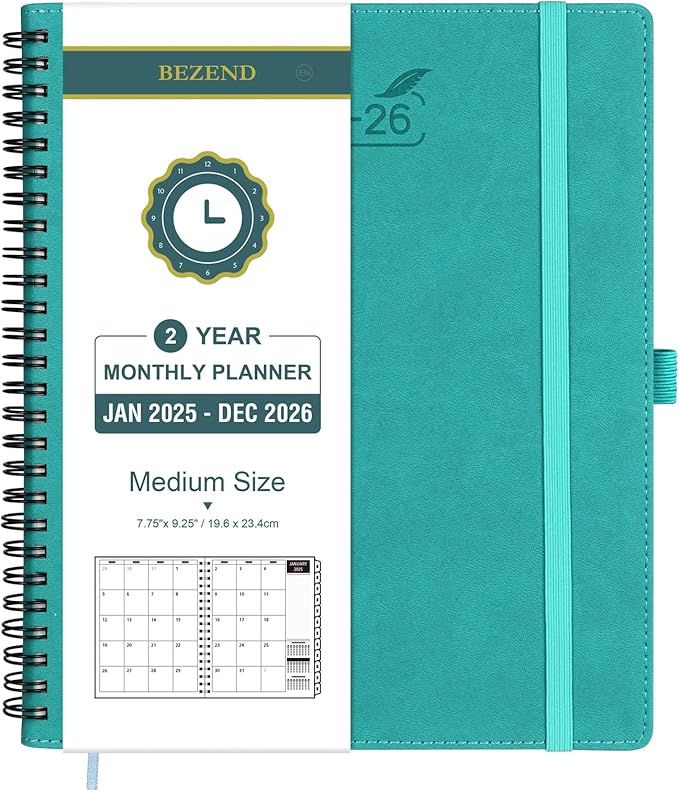 BEZEND 2 Year Monthly Planner 2025-2026 Medium Size 7" x 9" (Jan 2025 - Dec 2026) Spiral Calendar Book with Tabs, 120 GSM Thick Paper, Storage Pockets & Notes, PU Leather Softcover in Turquoise