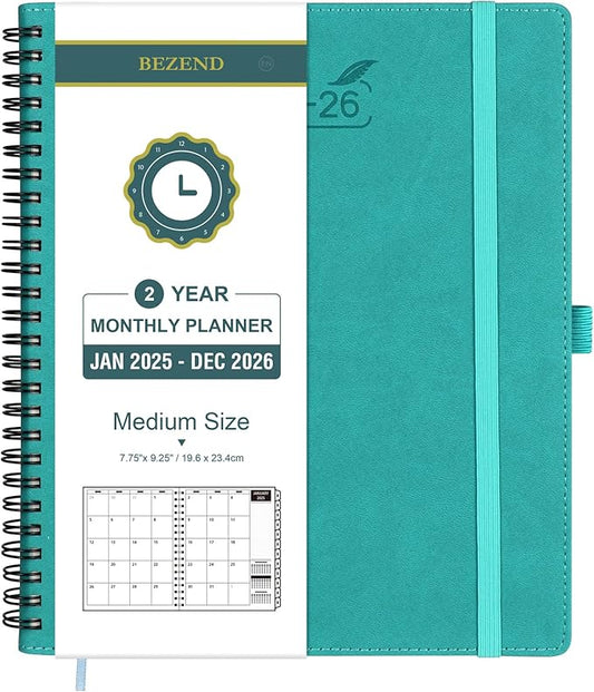 BEZEND 2 Year Monthly Planner 2025-2026 Medium Size 7" x 9" (Jan 2025 - Dec 2026) Spiral Calendar Book with Tabs, 120 GSM Thick Paper, Storage Pockets & Notes, PU Leather Softcover in Turquoise