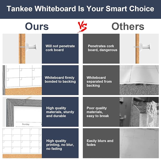 Calendar Whiteboard for Wall, Dry Erase Calendar Whiteboard Cork Board Combo, Magnetic Small White Board, Hanging Dry Erase Board for Kitchen Home Office (Graywashed)