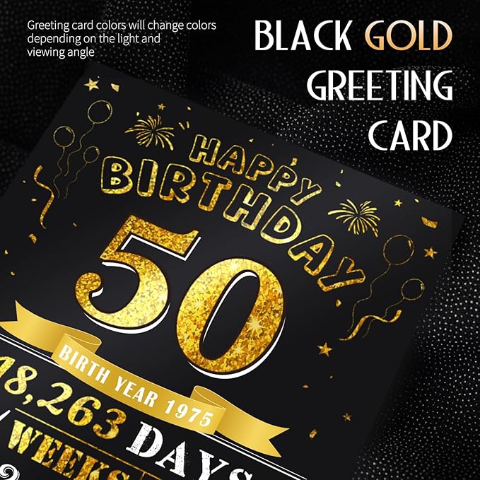 50th Birthday Card for Women Men, Jumbo Pop Up 50th Birthday Cards for Her Him, Happy 50th Birthday Decorations for 50 Year Old Women Men Funny Birthday Gifts, Review of 1975, Black Gold