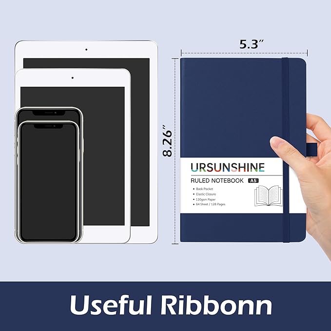 Ruled Notebook/Journal - Classic Lined Journal/Notebook, 5.3'' x 8.26'', Hardcover with Thick Paper, Banded + Pen Holder +Inner Pocket - Dark Blue