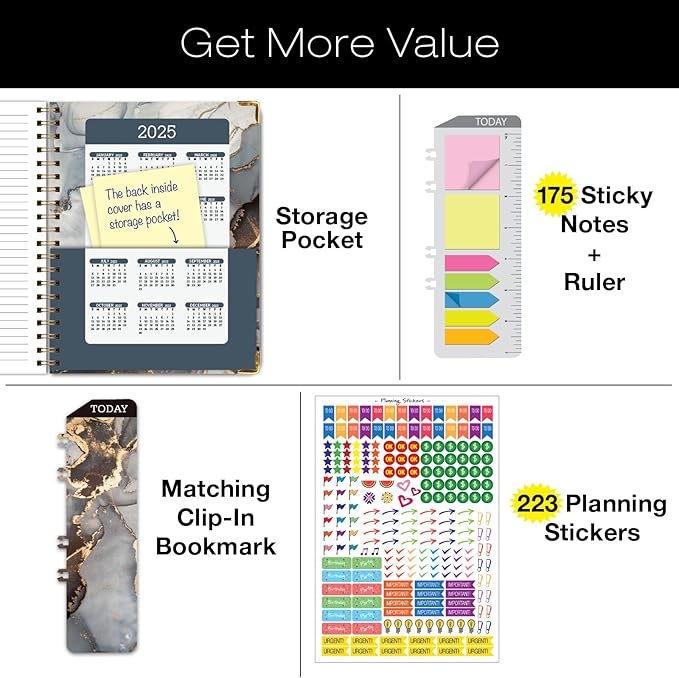 HARDCOVER Academic Year 2024-2025 Planner: (June 2024 Through July 2025) 8.5"x11" Daily Weekly Monthly Planner Yearly Agenda. Bookmark, Pocket Folder and Sticky Note Set (Black Gold Marble)