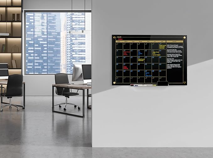 Real Glass Dry Erase Monthly Calendar, Extra Large 24" x 36", Tempered Glass Surface, Frameless Wall Mount, with 4 Assorted Color Markers and Eraser, by Better Office Products (Jet Black/Gold Print)