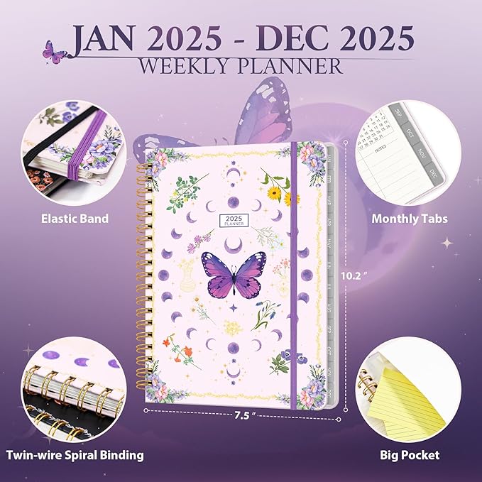 2025 Planner Weekly & Monthly Agenda Book, Daily Planner Hardcover, 2025 To Do List Notebook with Monthly Tabs, Pocket, Spiral Bound, Elastic Closure, Thick Paper(7.5 * 10.2) Butterfly