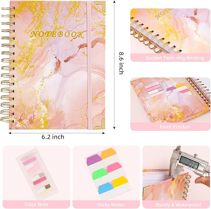 Spiral Notebooks for Work, 240 Pages Lined Spiral Journal Notebook, 5 Subject A5 College Ruled Journals for Writing, 8.6”x6.2''Journaling Notebooks for School Office Supplies (Pink Marble)