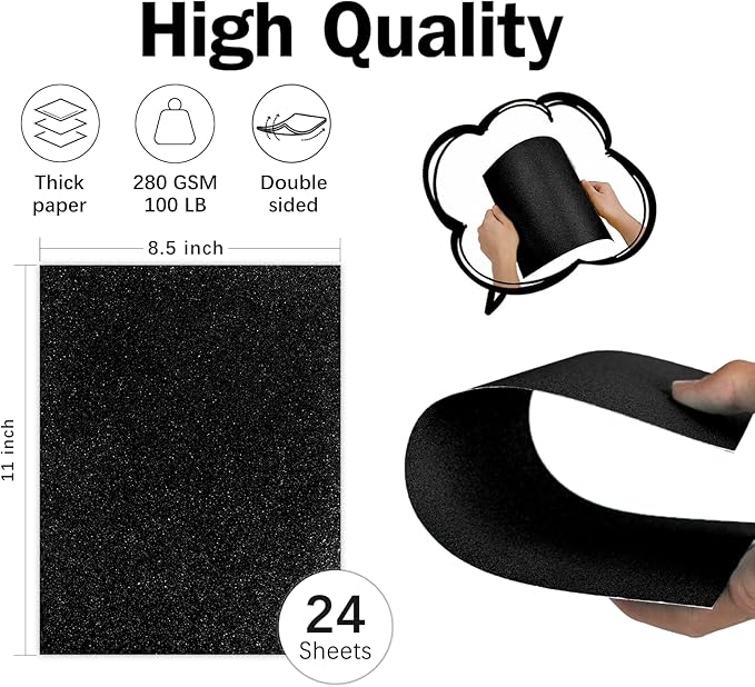 Double-sided Black Glitter Cardstock 8.5x11 - Goefun 24 Sheets 280 GSM/100LB Black Cardstock Paper for Cricut, DIY Crafts, Halloween, Scrapbooking