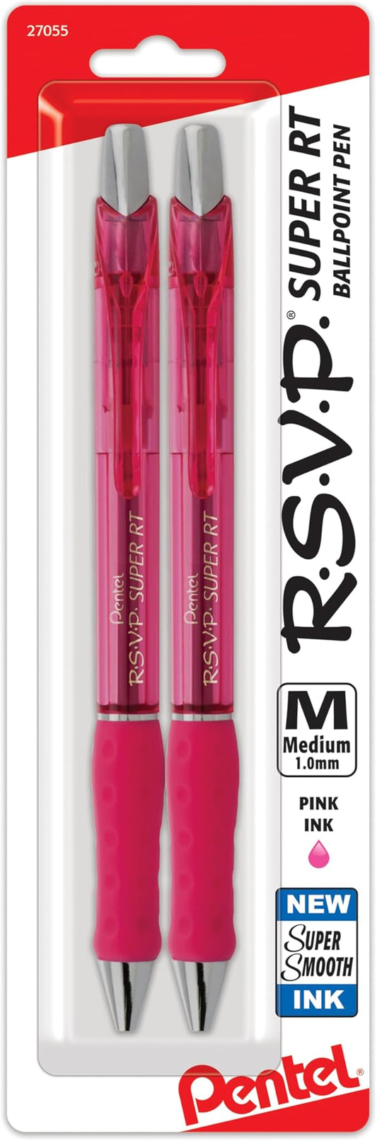 Pentel RSVP Super RT Ballpoint Pen, (1.0mm) Medium Line, Pink Ink, Pack of 2 (BX480BP2P)