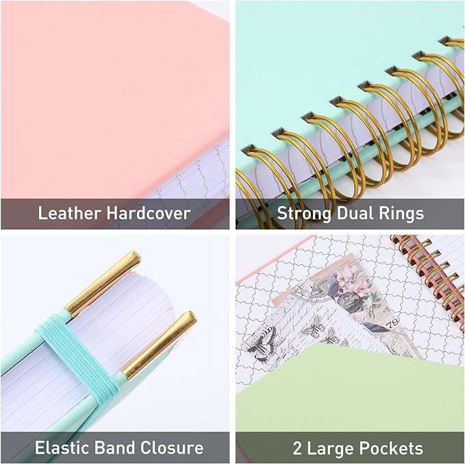 Spiral Notebook, College Ruled Notebook Journal, 7” x 10”, 300 Pages Leather Writing Journal for Women Men, B5 Hardcover Notebook for Work School, 24pcs Index Tabs, Teal