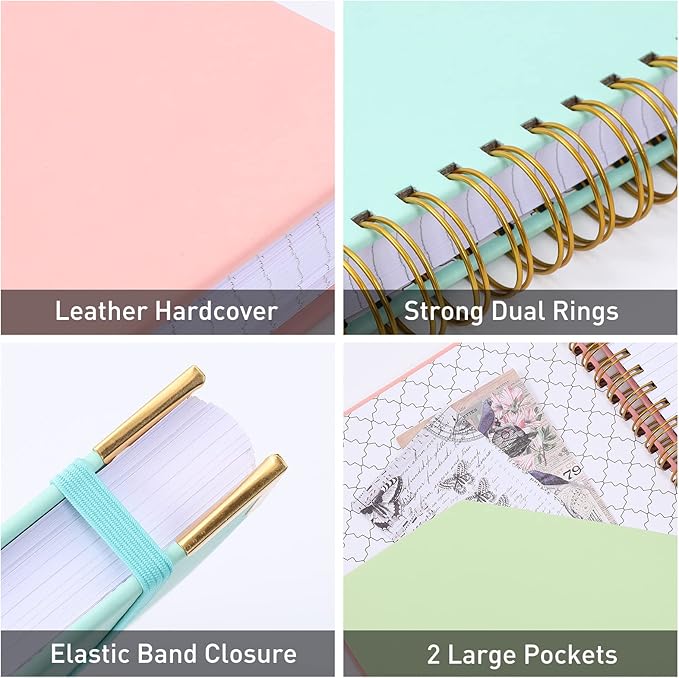 Spiral Notebook, College Ruled Notebook Journal, 7” x 10”, 300 Pages Leather Writing Journal for Women Men, B5 Hardcover Notebook for Work School, 24pcs Index Tabs, Pink