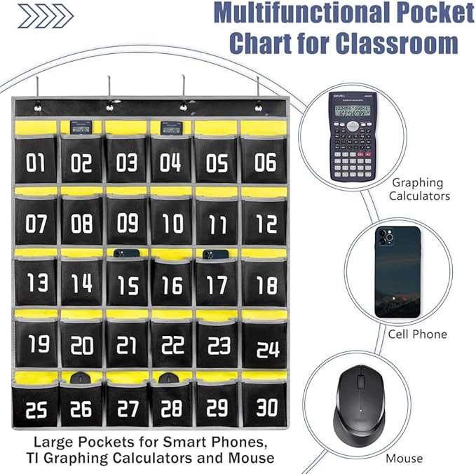 Loghot Numbered Classroom Sundries Closet Pocket Chart for Cell Phones Holder Wall Door Hanging Organizer (30 Pockets Black)