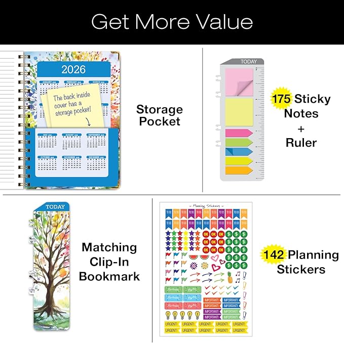 HARDCOVER 2025 Planner, 7"x9": 14 Months (November 2024 - December 2025), Daily Weekly Monthly Planner, Yearly Agenda, Bookmark, Pocket Folder and Sticky Note Set (Tree Seasons)