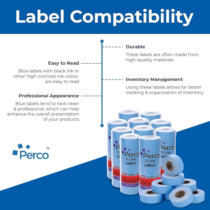Perco 2 Line Blue Labels - 80 Rolls, 10 Sleeves, 80,000 Blank Price and Date Gun Labels for Perco 2 Line Price and Date Guns - Made in USA
