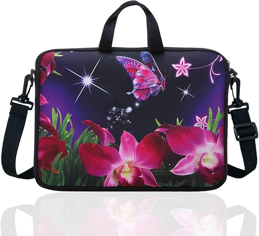 14 Inch Neoprene Laptop Sleeve Case Bag with shoulder strap For 14" Notebook/MacBook/Ultrabook/Chromebook (Pink flower)