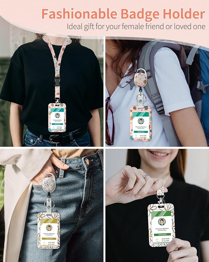 Uniclife 2 Pack Floral Sliding Badge Holder Flower Plastic Case with Retractable Badge Reel Carabiner Clip and Detachable Lanyard Strap Hard Vertical Card Protector for Women Nurse Teacher