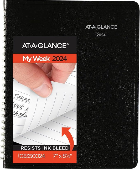 AT-A-GLANCE 2024 Weekly Planner, DayMinder, Block-Style, 7" x 8-3/4", Medium, Faux Leather, Black (G5350024)