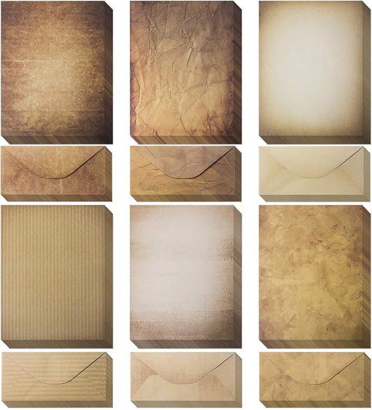 120 Pack Vintage Paper and Envelopes - 60 Sheets of Antique Looking Papers & 60 Antique Style Envelopes - Six Classic Aged Paper Designs - Vintage Printing paper, Vintage Writing Paper, 8.5 x 11 inch
