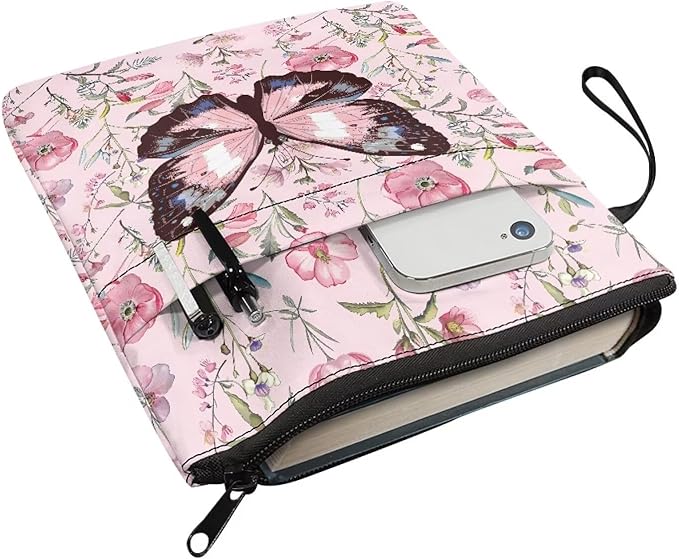 COEQINE Pink Butterfly Book Sleeve with Zipper Portable 9x11 Inch Portable Book Covers Hardcover Paperback Book Lovers with Front Pocket