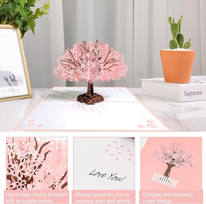 Wanateber 3D Pop Up Aniversary Card with Cherry Tree, Pop Up Lovers Wedding Card, Birthday Cards for Wife, Husband, Lovers, Couple, Romantic Valentines Day Cards, Greeting Cards for Mothers Day