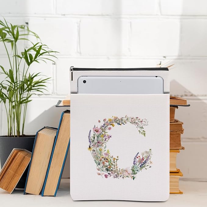 Monogrammed Book Sleeve Floral C Initial Book Pouch Book Accessories Book Lovers Gifts Waterproof Book Cover Book Protector Bookish Gifts Personalized Gifts for Women Girls Readers Bride Mom