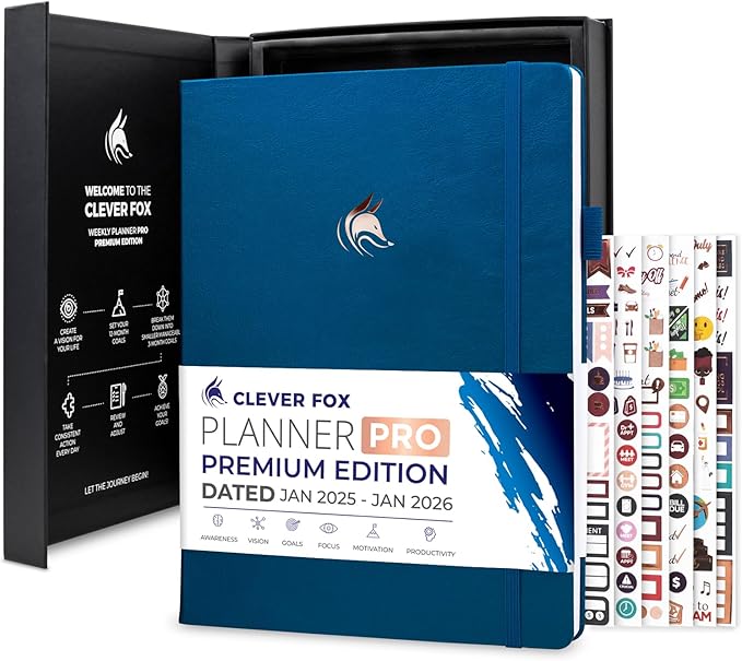 Clever Fox Planner PRO Premium Jan 2025-Jan 2026 – Luxurious Weekly, Monthly & Budget Agenda Organizer for Productivity & Reaching Goals, A4 Hardcover + Keepsake Box – Mystic Blue