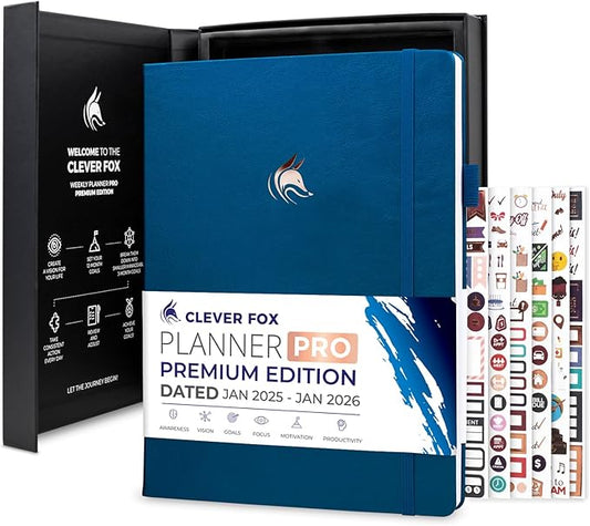 Clever Fox Planner PRO Premium Jan 2025-Jan 2026 – Luxurious Weekly, Monthly & Budget Agenda Organizer for Productivity & Reaching Goals, A4 Hardcover + Keepsake Box – Mystic Blue