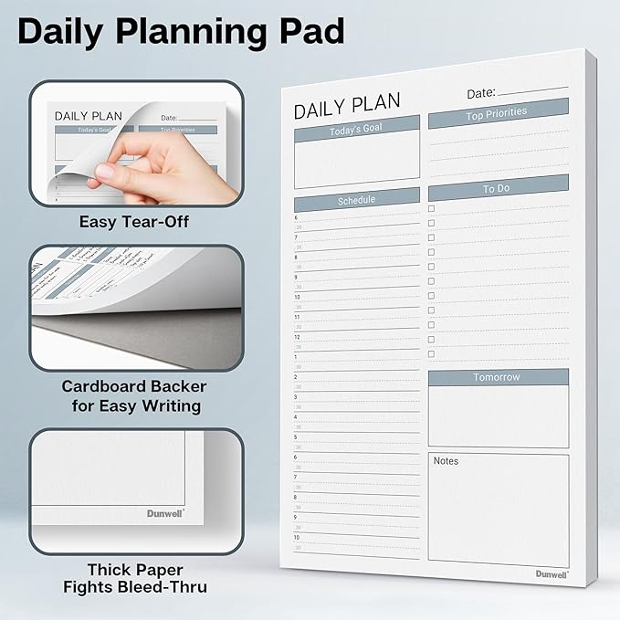 Dunwell Daily Planning Pad - 2 Pack Undated Daily Planner Pad, 54 Tear-Off Pages (5.5x8.5"), Daily To Do List Scheduler, Time Blocked Task Planner Notepad