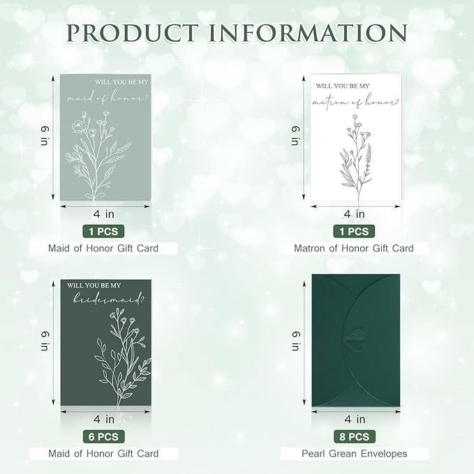 Spakon 16 Pcs Will You Be My Bridesmaid Cards with Envelopes Watercolor Greenery Floral Bridal Proposal Maid of Honor Matron of Honor Invited Favor for Bridal Shower Wedding (Leaves, Flowers)