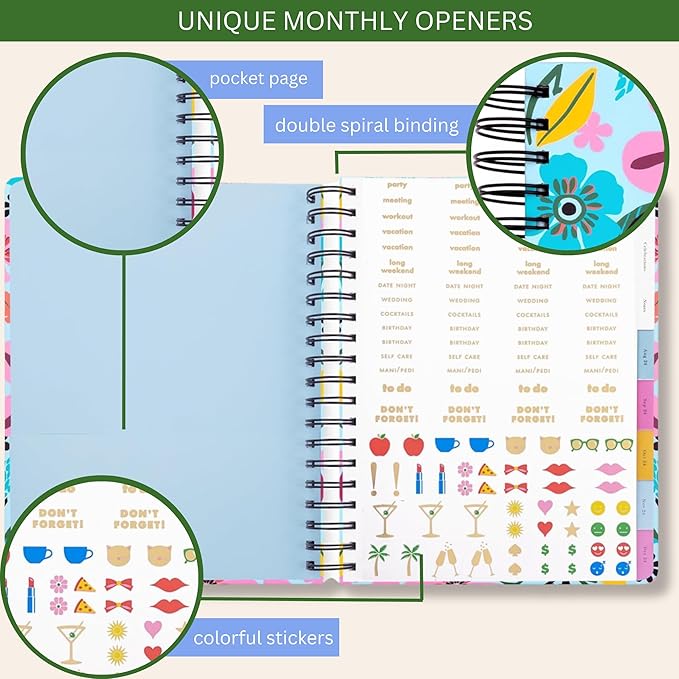 Kate Spade New York Medium Weekly and Monthly Planner August 2024 - December 2025, Hardcover Spiral Agenda, Daily Planner with Monthly Calendar, Stickers, & Pockets (Safari Floral)