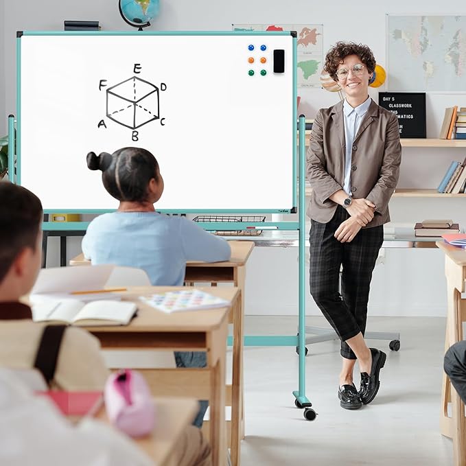 Rolling Whiteboard, 48x32 Inches Dry Erase Board with Stand, Magnetic Mobile Whiteboard on Wheels, Standing White Board for Office, School, Home, Large Double Sided White Board with Paper Pad