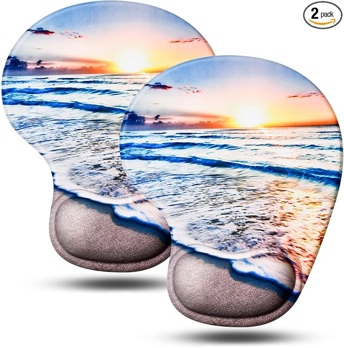 JIKIOU Mouse Pad, 2 Pack Ergonomic Mouse Pads with Comfortable Gel Wrist Rest Support and Lycra Cloth, Non-Slip PU Base for Easy Typing Pain Relief Durable and Easy to Clean Small Beach