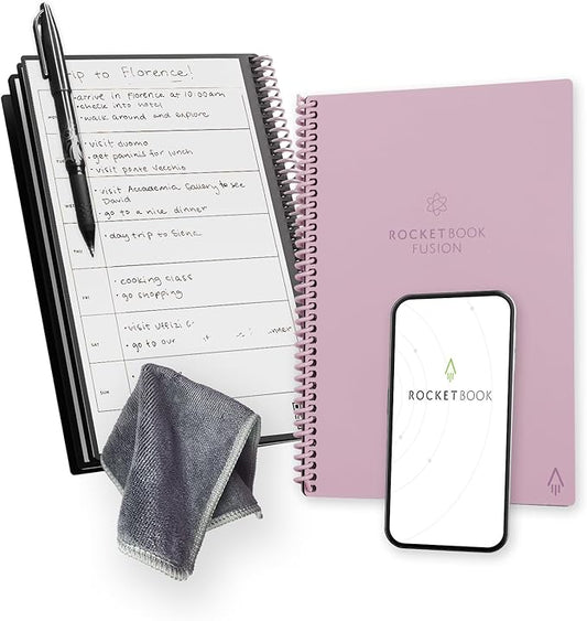 Rocketbook Fusion Reusable Undated Productivity Planner, Executive Size 6x8.8, Pink - Goals, Monthly and Weekly Calendar, Daily To-do List, Lined and Dotted Notes Pages
