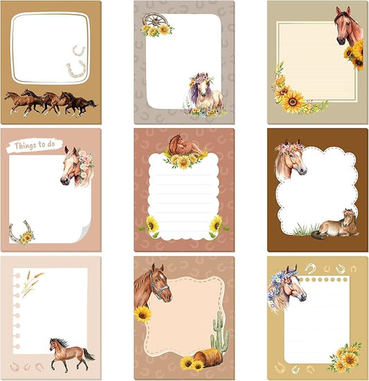 Sabary 9 Pads Sticky Notes 3.15 x 3.94 Inches Cute Self Sticky Note Pads Colored Adhesive Notepad for Memo Reminder Journal Studying Office Home Gift(Horse)