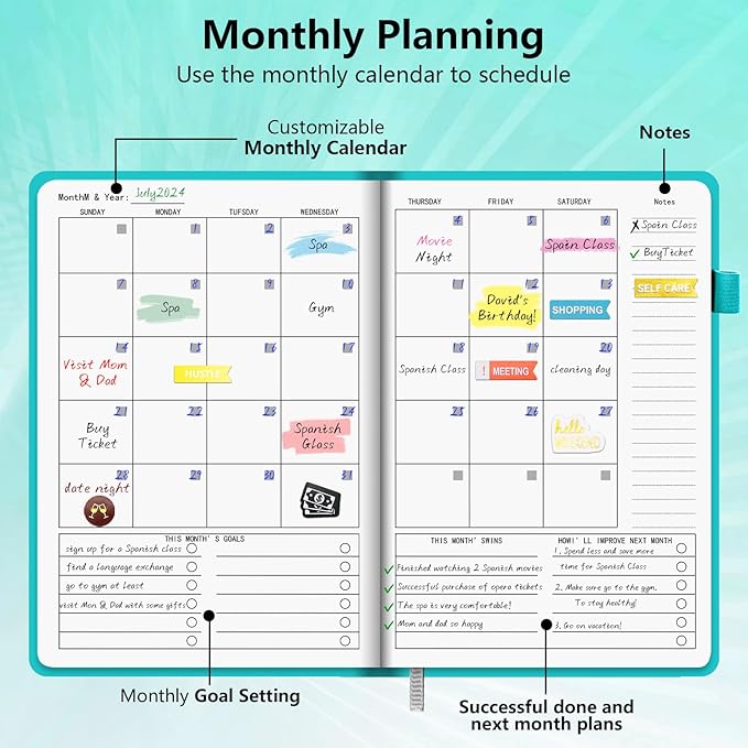 BLESWIN A5 Undated Planner, Undated Weekly Monthly Planner 5.7”x8.5”, Leather Weekly & Monthly Planner Undated, Organizer Planner for Work or Personal Use with Elastic Closure, Pen Loop, Stickers