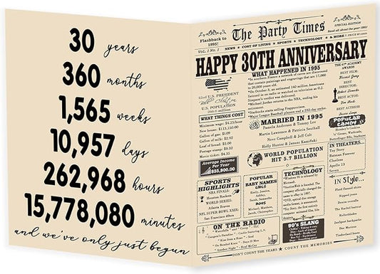 YiKaLus Big 30th Marriage Anniversary Card for Husband Wife, Unique Pearl Wedding Aday Gifts for Parents, 30 Year Anniversary Decorations for Him Her,Vintage Back In 1995