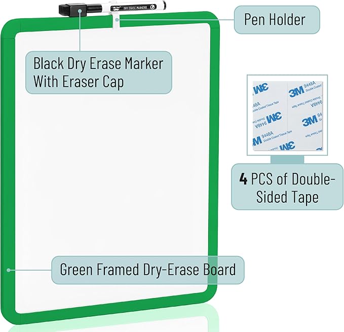 Mr. Pen- Dry Erase Board, 14” x 11” with a Black Dry Erase Marker, Green Frame, Small White Board, White Board for Kids, White Board for Students, Small Dry Erase Board, Mini White Board