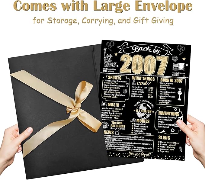 Large 18th Birthday Card With Envelope for Boys Girls, 2007 Black Gold Happy 18th Birthday Giant Guest Signature Book Gifts, Big Vintage 2007 18th Greeting Card Decoration Party Supplies