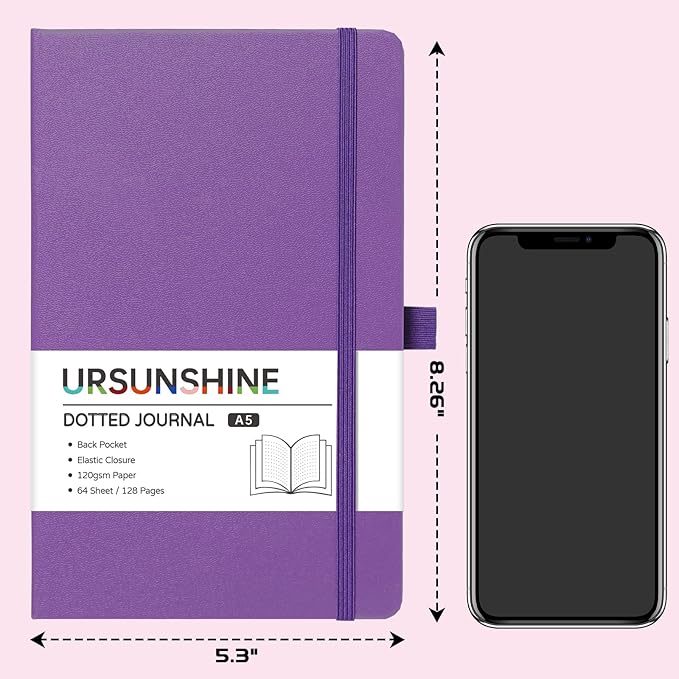 Dotted Journal/Notebook - Dot Grid Hard Cover Notebook, Premium Thick Paper with Fine Inner Pocket, Black Smooth Faux Leather, Pen Loop, 5.3'' x 8.26'' - Lavender