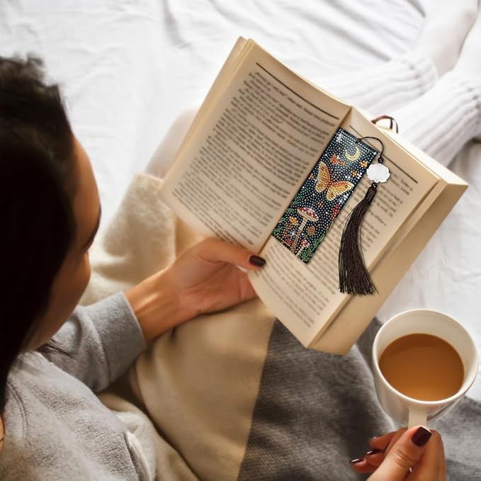 Anseal 3 Pcs 5D Diamond Bookmarks Painting for Book Lovers, Mushroom PU Leather Diamond Dotz Art Bookmark for Adults, Tassel Beaded Book Mark for Graduation Birthday Reading Present