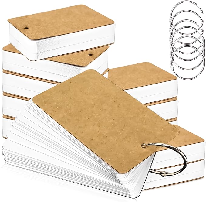 MotBach 300 Sheets White Blank Flash Cards with Binder Rings,3.5 x 2.2 Inch Index Cards, Small Note Cards Study Cards Learning Cards Kraft Paper Cards, Easy Flip Mini Index Note Flashcards (6 Pack)