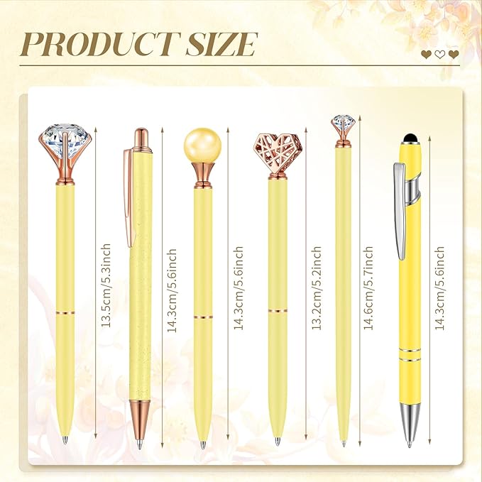 6 Pcs Ballpoint Pens Set Metal Crystal Diamond Pen for Journaling Glitter Pretty Cute Stationery Black Ink Fancy Gifts for Women Girls Teacher Office Wedding School Supplies(Yellow)