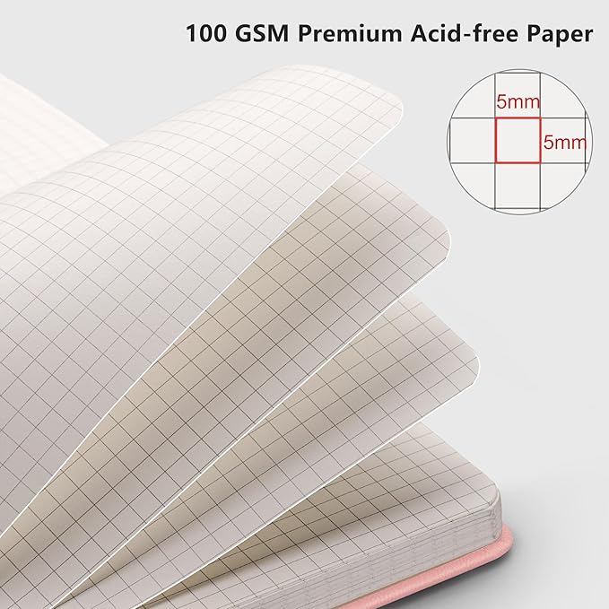 RETTACY Graph Paper Notebook, A5 Grid Notebook Journal with 192 Pages, 5.7'' × 8.3'', Medium Size, Leather Hardcover, 100 GSM Thick Paper, for Students, Homework, Math, Engineering (Pink)